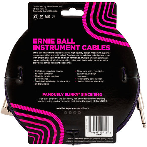 Ernie Ball Braided Straight to Angle Instrument Cable 20 ft. Neon Purple/Black - musicians--Friend