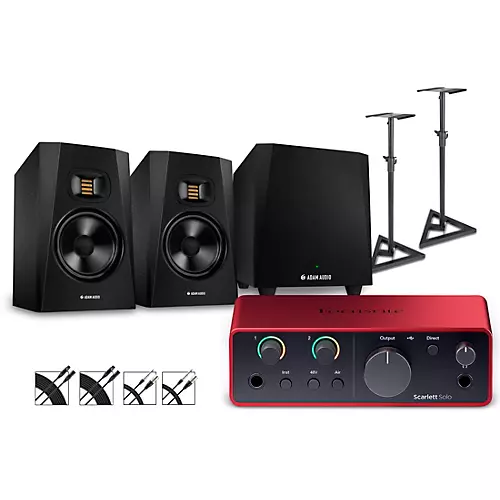Focusrite Scarlett Solo Gen 4 with Adam Audio T-Series Studio Monitor Pair & T10S Subwoofer Bundle (Stands & Cables Included) T7V - musicians--Friend