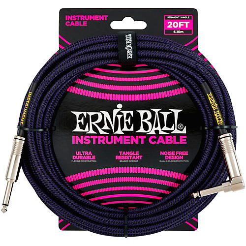 Ernie Ball Braided Straight to Angle Instrument Cable 20 ft. Neon Purple/Black - musicians--Friend