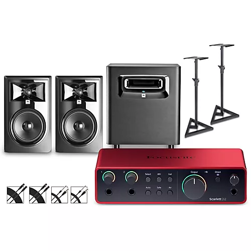 Focusrite Scarlett 2i2 Gen 4 with JBL 3 Series Studio Monitor Pair & LSR Subwoofer Bundle (Stands & Cables Included) 306MKII - musicians--Friend