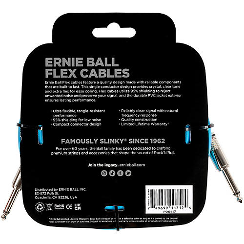 Ernie Ball Flex Straight to Straight Instrument Cable 20 ft. Blue - musicians--Friend