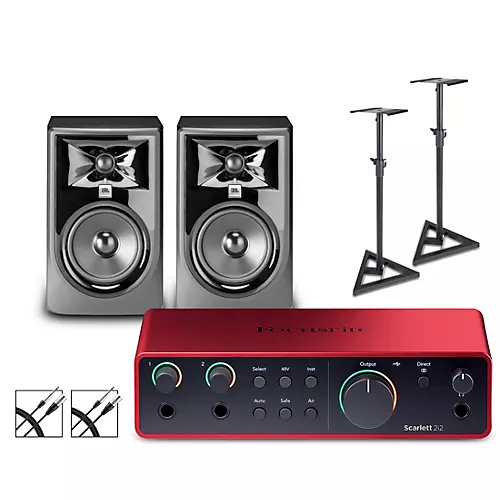 Focusrite Scarlett 2i2 Gen 4 With JBL 3 Series Studio Monitor Pair Bundle (Stands & Cables Included) 305MKII - musicians--Friend
