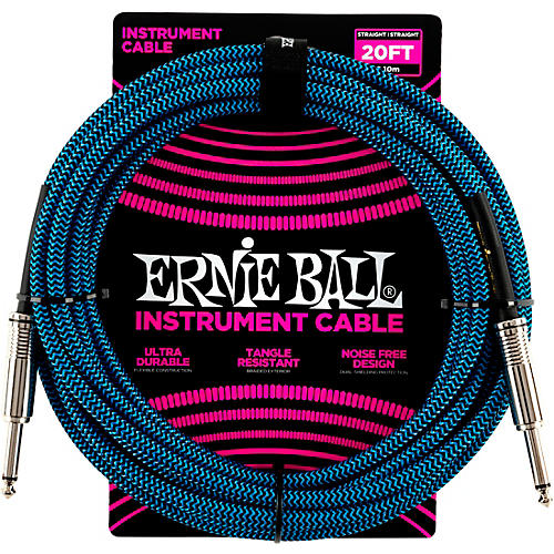 Ernie Ball Straight To Straight Nickel-Plated 1/4 Woven 20' Black/Blue Instrument Cable 2-Pack - musicians--Friend