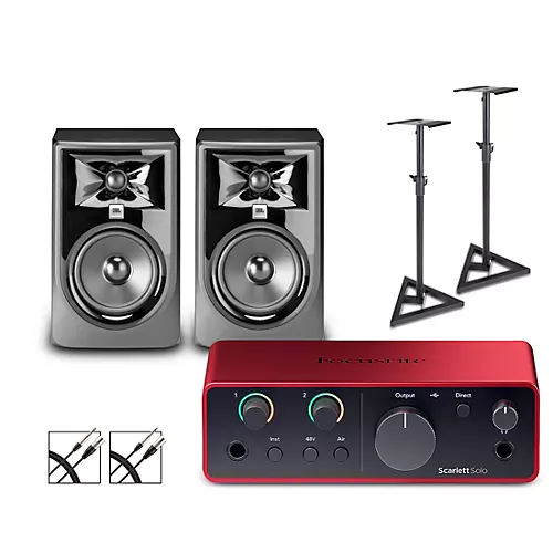 Focusrite Scarlett Solo Gen 4 With JBL 3 Series Studio Monitor Pair Bundle (Stands & Cables Included) 305MKII - musicians--Friend