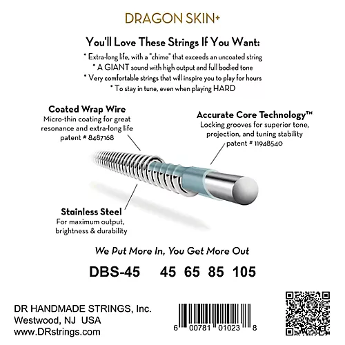 DR Strings Dragon Skin+ Coated Accurate Core Technology 4-String Stainless Steel Bass Strings 45 - 105 - musicians--Friend