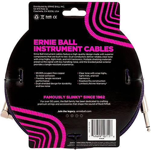 Ernie Ball Braided Straight to Angle Instrument Cable 2-Pack 20 ft. Neon Purple/Black - musicians--Friend