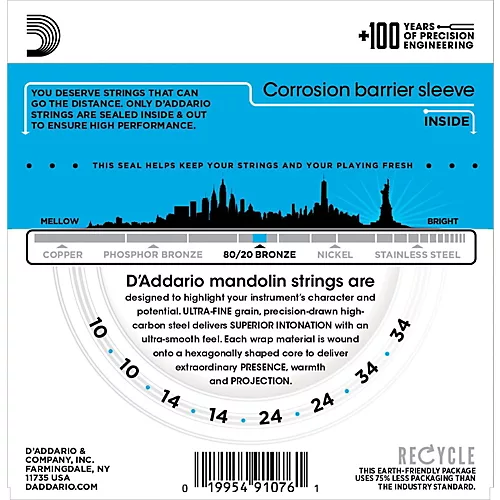 D'Addario EJ62 80/20 Bronze Mandolin Strings, Light, 10-34 - musicians--Friend