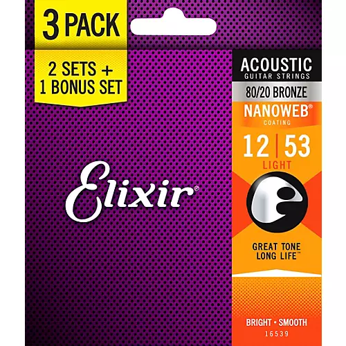 Elixir BONUS PACK! NANOWEB Coating 80/20 Bronze Light Acoustic Guitar Strings 3-Pack - musicians--Friend