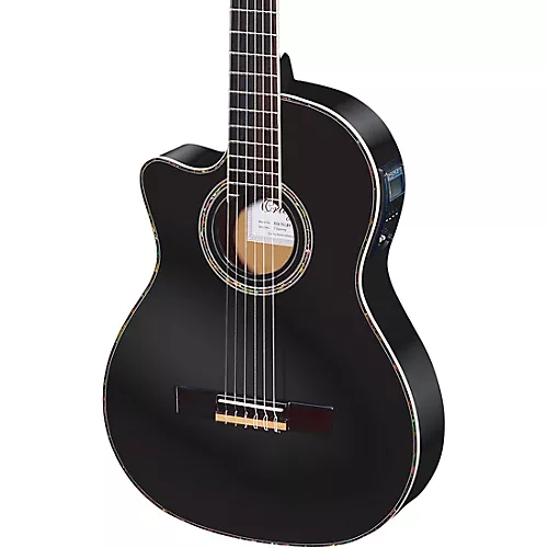 Ortega Family Series Pro RCE145LBK Thinline Acoustic-Electric Left-Handed Nylon Guitar Gloss Black - musicians--Friend