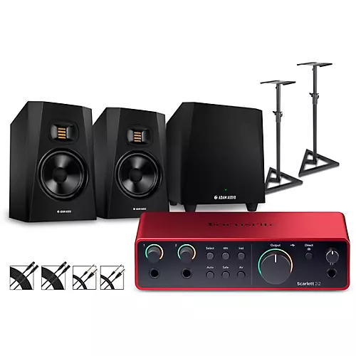 Focusrite Scarlett 2i2 Gen 4 with Adam Audio T-Series Studio Monitor Pair & T10S Subwoofer Bundle (Stands & Cables Included) T7V - musicians--Friend