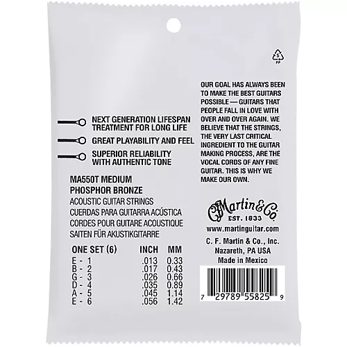 Martin MA550T Lifespan 2.0 Phosphor Bronze Medium Authentic Acoustic Guitar Strings - musicians--Friend