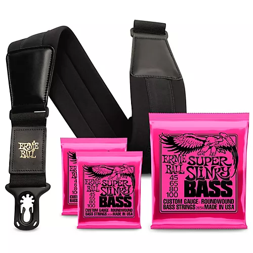 Ernie Ball 2834 Super Slinky Round Wound Bass Strings 3 Pack with Neoprene Polylock Guitar Strap - musicians--Friend