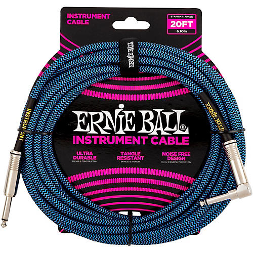 Ernie Ball 20' Braided Straight Angle Instrument Cable 20 ft. Black/Blue - musicians--Friend