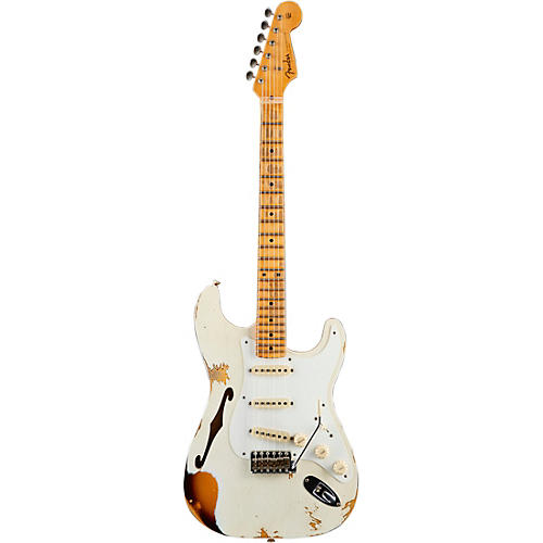 Fender Custom Shop 1956 Heavy Relic Thinline Stratocaster Electric Guitar Aged Olympic White Over Choc 2-Tone Sunburst - musicians--Friend