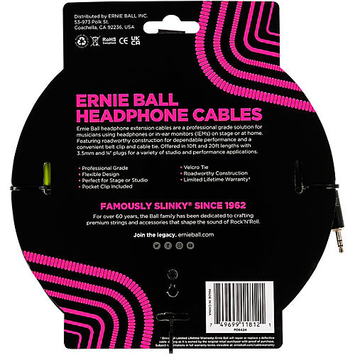 Ernie Ball Headphone Extension Cable 3.5mm to 3.5mm 10 ft. Black - musicians--Friend
