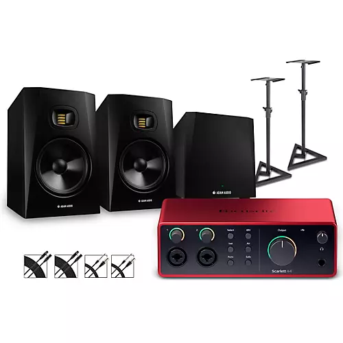 Focusrite Scarlett 4i4 Gen 4 With Adam Audio T-Series Studio Monitor Pair & T10S Subwoofer Bundle (Stands & Cables Included) T8V - musicians--Friend