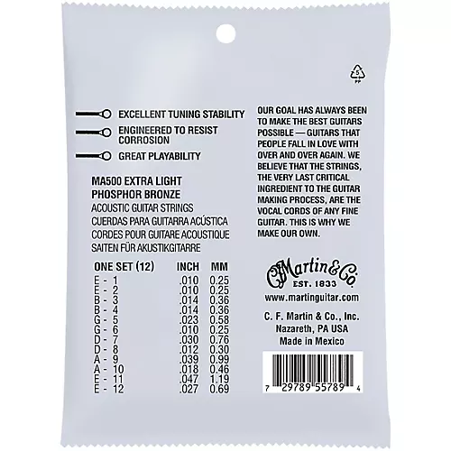 Martin MA500 SP 12-String Phosphor Bronze Extra-Light Authentic Acoustic Guitar Strings - musicians--Friend
