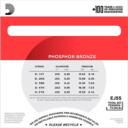 D'Addario EJ55 Phosphor Bronze Medium 5-String Banjo Strings (10-23) - musicians--Friend