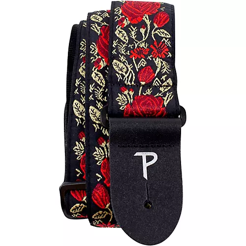Perri's Premium Jaquard Weaved on Webbing Backing Guitar Strap Red Metallic Rose 2 in. - musicians--Friend