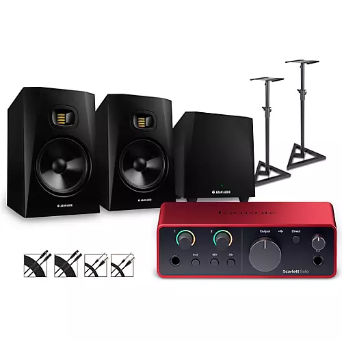 Focusrite Scarlett Solo Gen 4 with Adam Audio T-Series Studio Monitor Pair & T10S Subwoofer Bundle (Stands & Cables Included) T8V - musicians--Friend