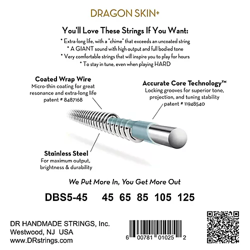 DR Strings Dragon Skin+ Coated Accurate Core Technology 5-String Stainless Steel Bass Strings 40 - 120 - musicians--Friend
