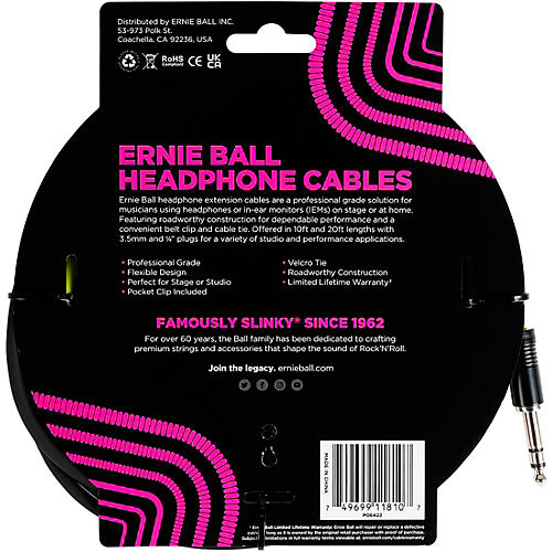 Ernie Ball Headphone Extension Cable 1/4 to 3.5 mm 20 ft. Black - musicians--Friend