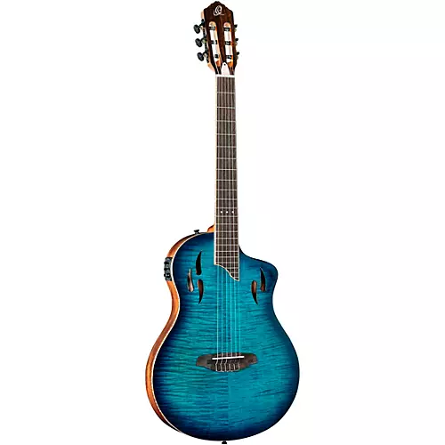 Ortega RTPDLX Flamed Maple Nylon-String Acoustic-Electric Guitar Blue Burst - musicians--Friend