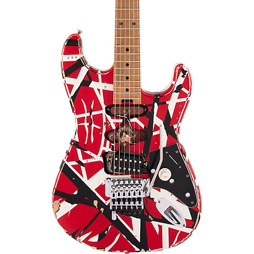 EVH Striped Series Frankie Electric Guitar Red with Black and White Stripes Relic - musicians--Friend