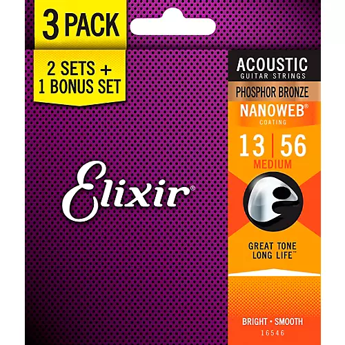 Elixir BONUS PACK! NANOWEB Phosphor Bronze Medium Acoustic Guitar Strings 3-Pack - musicians--Friend