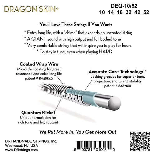 DR Strings Dragon Skin+ Coated Accurate Core Technology 6-String Nickel Electric Guitar Strings 10 - 52 - musicians--Friend