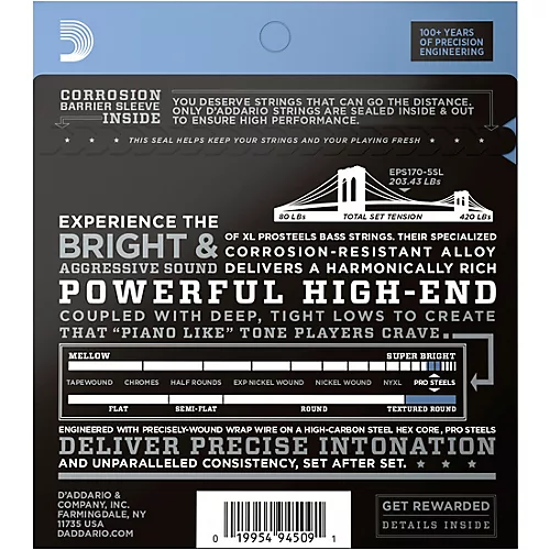D'Addario EPS170-5SL  XL ProSteels Regular Light Super Long Scale 5-String Bass Strings - musicians--Friend