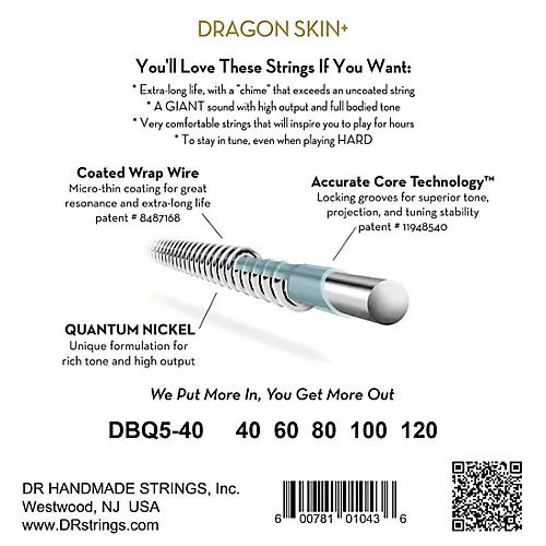 DR Strings Dragon Skin+ Coated Accurate Core Technology 5-String Quantum Nickel Bass Strings 45 - 125 - musicians--Friend