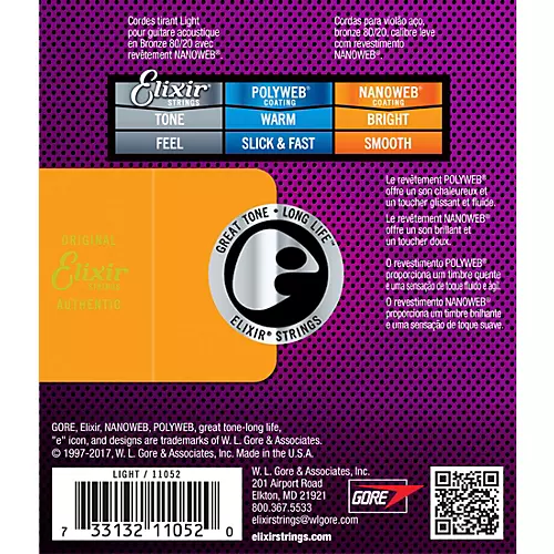 Elixir 80/20 Bronze Acoustic Guitar Strings with NANOWEB Coating, Light (.012-.053) 2-Pack - musicians--Friend