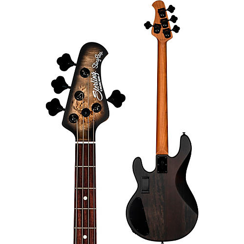 Sterling by Music Man Stingray Ray34HH Burl Top Electric Bass Trans Black Satin - musicians--Friend