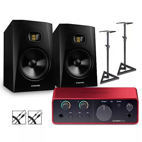 Focusrite Scarlett Solo Gen 4 with Adam Audio T-Series Studio Monitor Pair Bundle (Stands & Cables Included) T8V - musicians--Friend