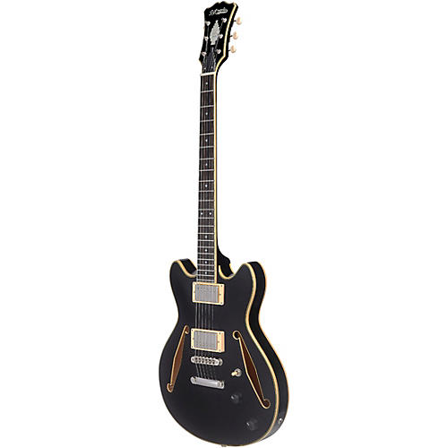 D'Angelico Excel Mini DC Tour Semi-Hollow Electric Guitar With Supro Bolt Bucker Pickups and Stopbar Tailpiece Solid Black - musicians--Friend