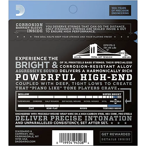 D'Addario ProSteels EPS170-5 Regular Light 5-String Bass Strings - musicians--Friend