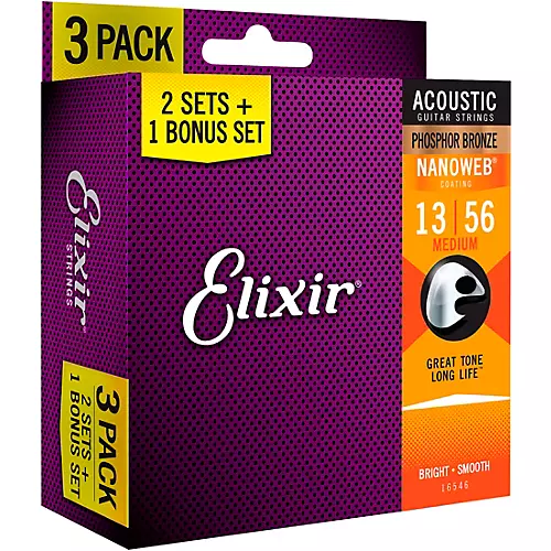 Elixir BONUS PACK! NANOWEB Phosphor Bronze Medium Acoustic Guitar Strings 3-Pack - musicians--Friend