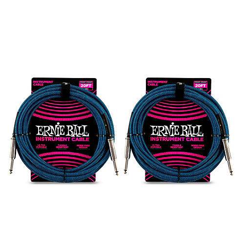 Ernie Ball Straight To Straight Nickel-Plated 1/4 Woven 20' Black/Blue Instrument Cable 2-Pack - musicians--Friend