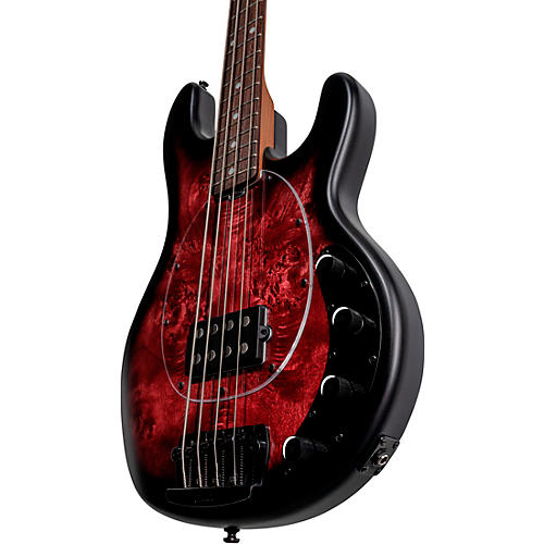 Sterling by Music Man StingRay RAY34 Poplar Burl Top Bass Dark Scarlet Burst Satin - musicians--Friend