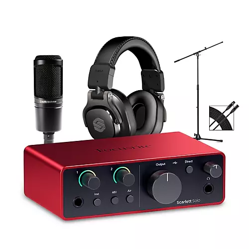 Focusrite Scarlett Solo Gen 4 With Audio-Technica Microphone & Sterling Studio Headphone Package (Stand & Cable Included) - musicians--Friend