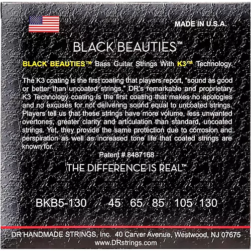DR Strings BLACK BEAUTIES  Black Coated 5-String Bass Strings Medium (45-130) - musicians--Friend