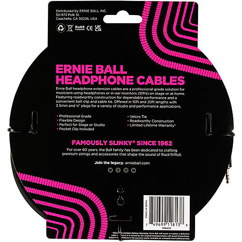 Ernie Ball Headphone Extension Cable 3.5mm to 3.5mm 10 ft. Black - musicians--Friend