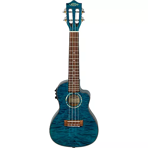 Lanikai QM-CEC Quilted Maple Concert Acoustic-Electric Ukulele Transparent Blue - musicians--Friend