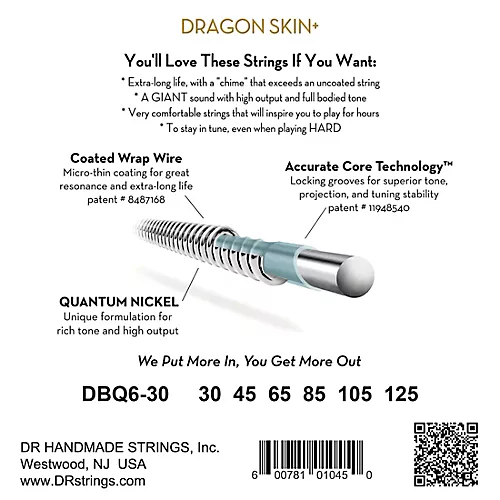 DR Strings Dragon Skin+ Coated Accurate Core Technology 6-String Quantum Nickel Bass Strings 30 - 125 - musicians--Friend