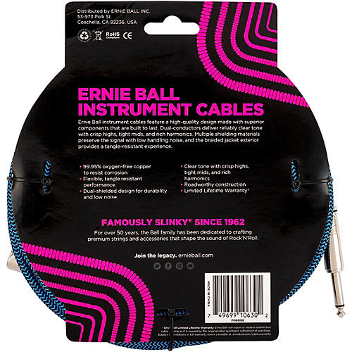 Ernie Ball 20' Braided Straight Angle Instrument Cable 20 ft. Black/Blue - musicians--Friend