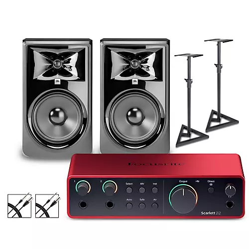 Focusrite Scarlett 2i2 Gen 4 With JBL 3 Series Studio Monitor Pair Bundle (Stands & Cables Included) 308MKII - musicians--Friend