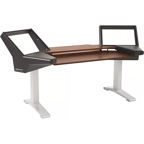 Argosy Halo Keyboard Desk with Black End Panels, Mahogany Surface, and Silver Legs - musicians--Friend