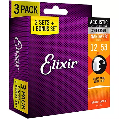 Elixir BONUS PACK! NANOWEB Coating 80/20 Bronze Light Acoustic Guitar Strings 3-Pack - musicians--Friend