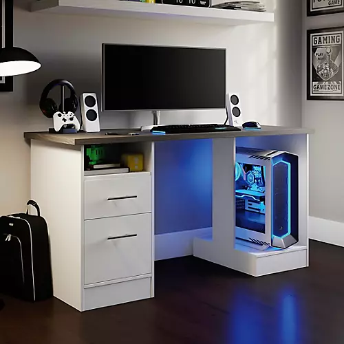 SAUDER WOODWORKING CO. Workstation Desk for Gaming and Content Creation with Charcoal Ash Accent Top White - musicians--Friend